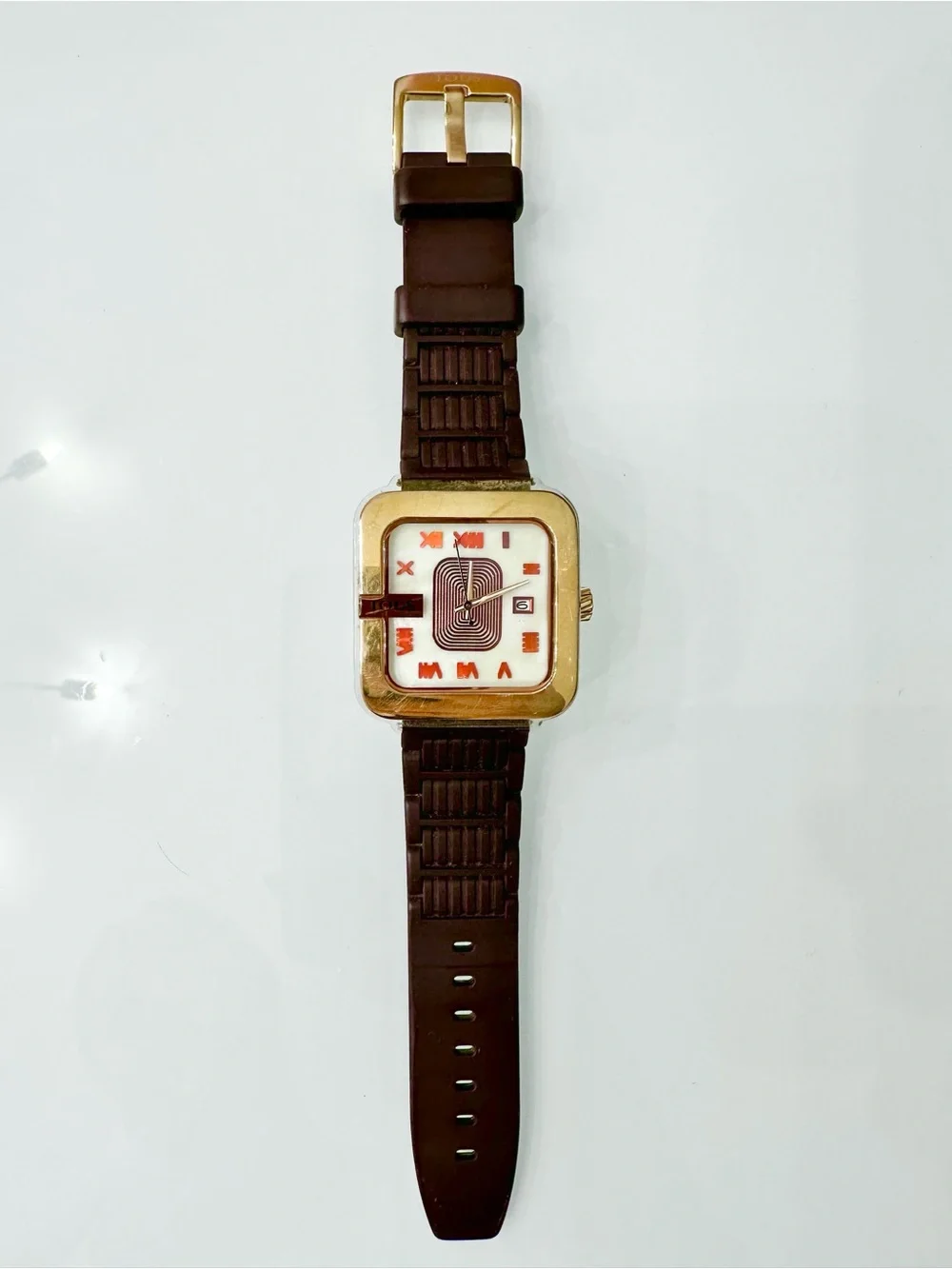 TOUS Rose Gold-Tone Square Watch with Brown Strap and Pink Box